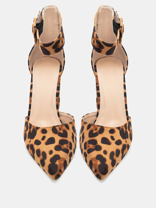 Luigi Pointed Toe Brown Heels with Strap Animal Print