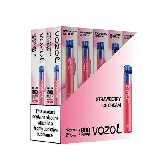 Vozol Neon 800 Ηλεκτρονικό Τσιγάρο μιας Χρήσης 800 Εισπνοών Strawberry Ice Cream 2ml 20mg Ροζ