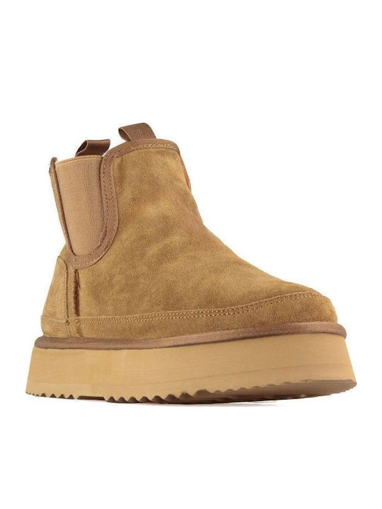 Wildleder Damen-Stiefeletten mit Pelz in Camel