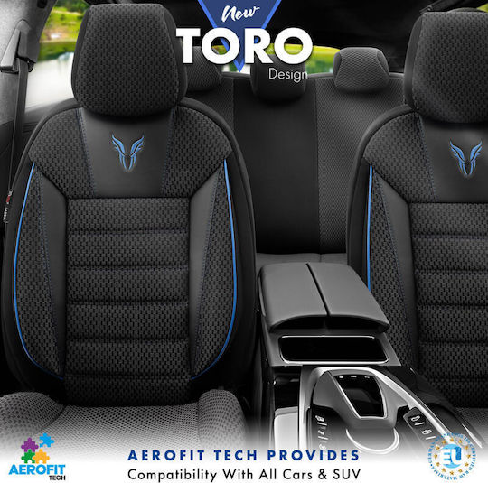 Otom Toro Design Universal Car Seat Covers Cotton Fabric Leatherette Set Front Rear 11 Pieces Black Blue Tro-903