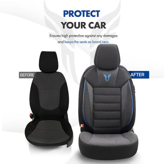 Otom Toro Design Universal Car Seat Covers Cotton Fabric Leatherette Set Front Rear 11 Pieces Black Blue Tro-903