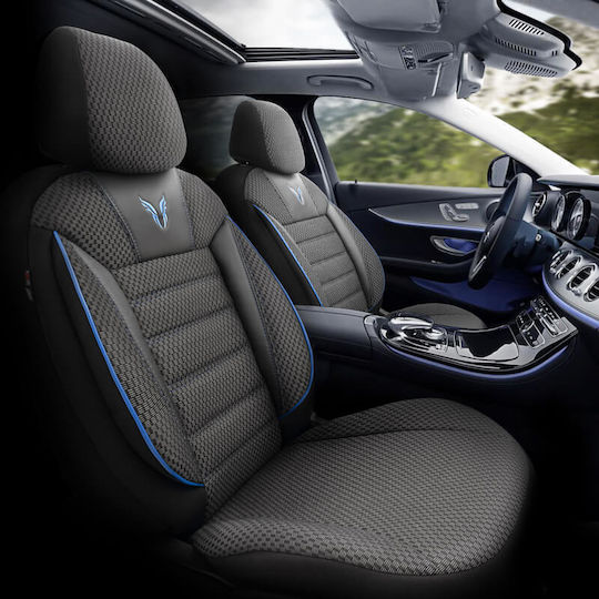 Otom Toro Design Universal Car Seat Covers Cotton Fabric Leatherette Set Front Rear 11 Pieces Black Blue Tro-903