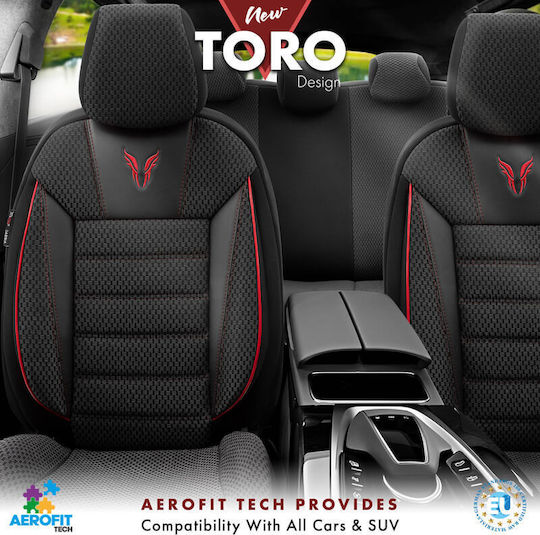 Otom Toro Design Universal Car Seat Covers Cotton Fabric Leatherette Front and Rear Set 11 Pieces Black Red Tro-901