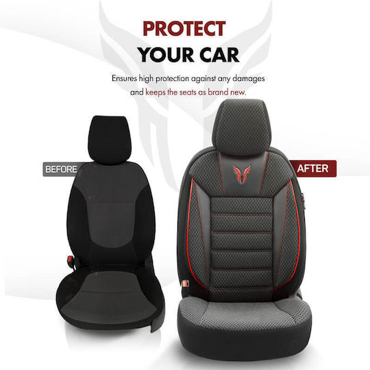 Otom Toro Design Universal Car Seat Covers Cotton Fabric Leatherette Front and Rear Set 11 Pieces Black Red Tro-901