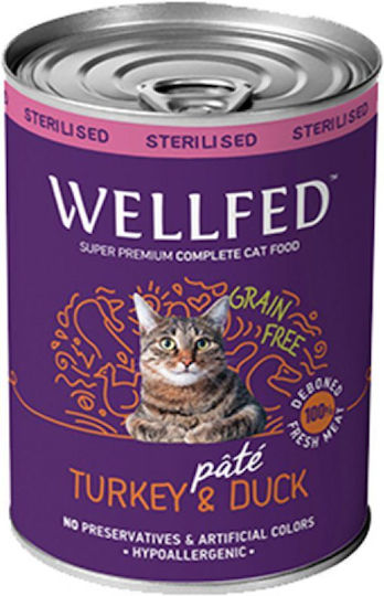 Wellfed Sterilized Nassfutter für Erwachsene Katzen in Dose mit Türkei und Ente ohne Getreide 400gr