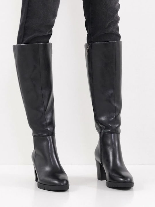 Leather Medium Heel Women's Boots with Zipper / Rubber Black