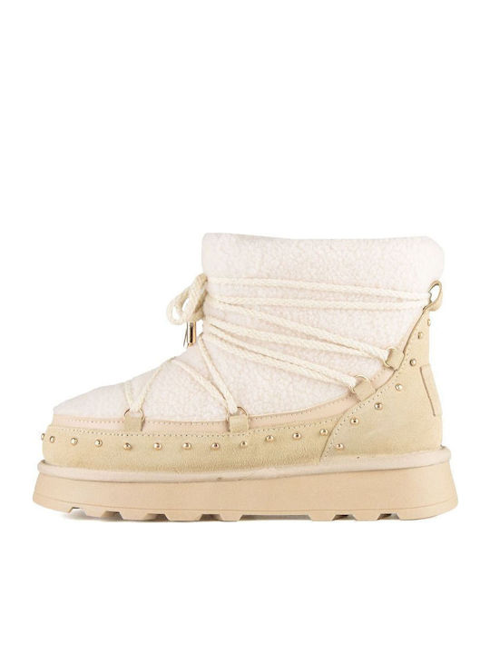 Leather Women's Ankle Boots with Fur Beige