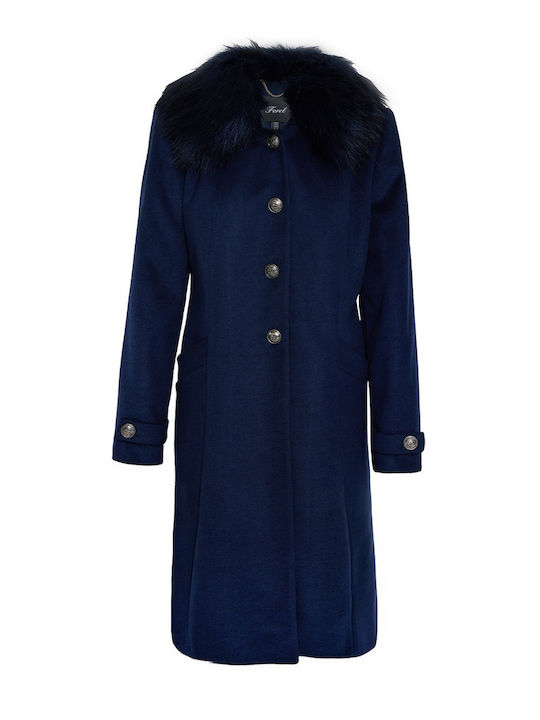 Forel Women's Long Coat with Buttons and Fur BLUE