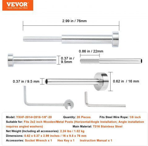 Vevor Invisible Cable Kit Set 20pcs Stainless Steel T316 Silver Yxzjqys20j185wdtqv0