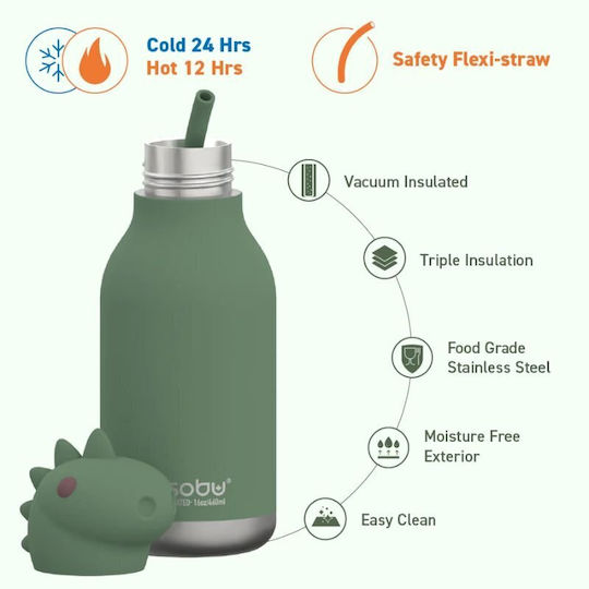 Asobu Kids Water Bottle Thermos Dinosaur Stainless Steel with Straw Dinosaur 460ml