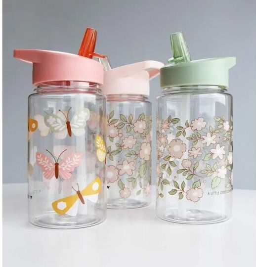 A Little Lovely Company Kids Water Bottle Plastic with Straw Pink 450ml (Various Designs/Colours)