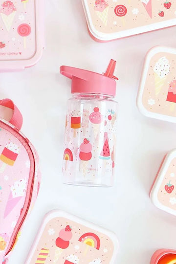 A Little Lovely Company Kids Water Bottle Plastic with Straw Pink 450ml (Various Designs/Colours)