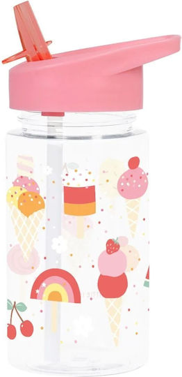 A Little Lovely Company Kids Water Bottle Plastic with Straw Pink 450ml (Various Designs/Colours)