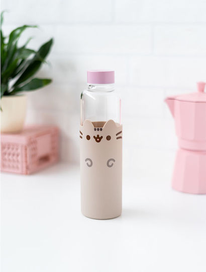 Pusheen Glass Kids Water Bottle Set with Screw-on Cap Non Spill Beige 500ml