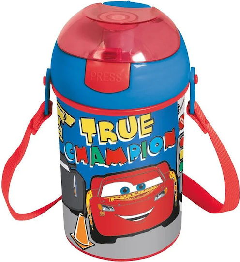 Stor Pop Up Flip Kids Water Bottle Disney Cars Plastic with Straw Light Blue 450ml
