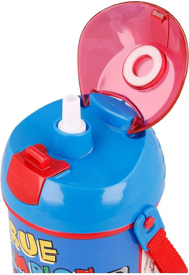 Stor Pop Up Flip Kids Water Bottle Disney Cars Plastic with Straw Light Blue 450ml