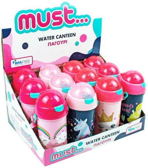 Must 584540 Kids Water Bottle Plastic with Straw Pink 500ml