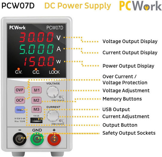 Pcwork Laboratory Power Supply with 1 Channel and Maximum Power 150W PCW07D