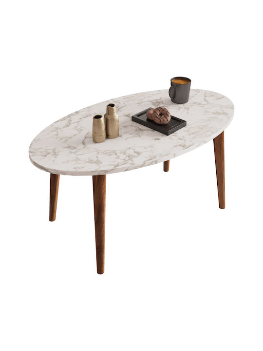 Oval Central Coffee Table Vital Wooden White Marble - Walnut W90xD50xH42cm
