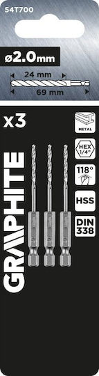 Graphite Set of 3 Drills with Hexagonal Shank for Metal