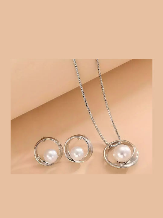 Set mit Halskette & Ohrringe aus Silber mit Perlen