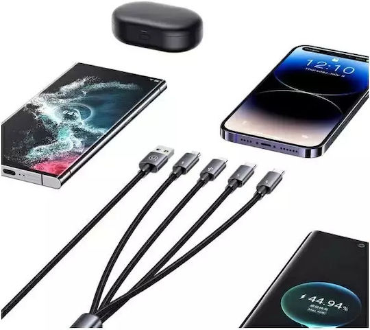 Usams Usb-a Regular Cablu USB la Lightning / Type-C / micro USB cu mai multe porturi 5A Negru 1.2m (US-SJ739)