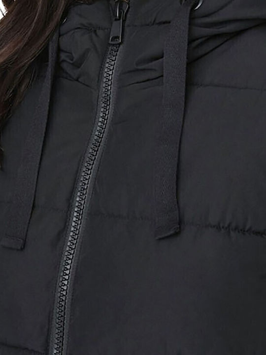 Women's Long Puffer Jacket for Winter with Hood Black