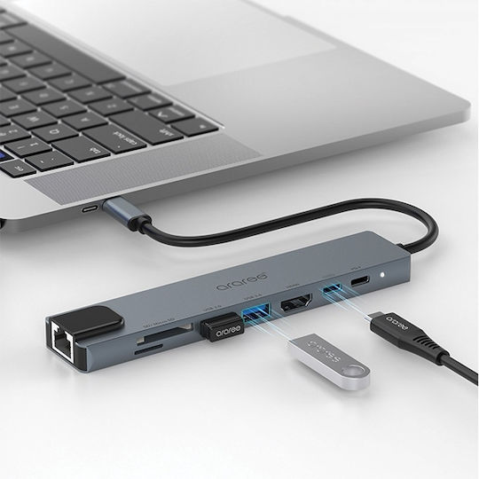 Araree AM81 USB-C Stație de andocare cu 4K PD Ethernet Gri