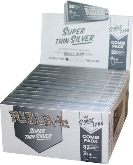Rizla Super Thin Silver Листчета за свиване на цигари Slim King Size с Тръбички 32 листове 1бр