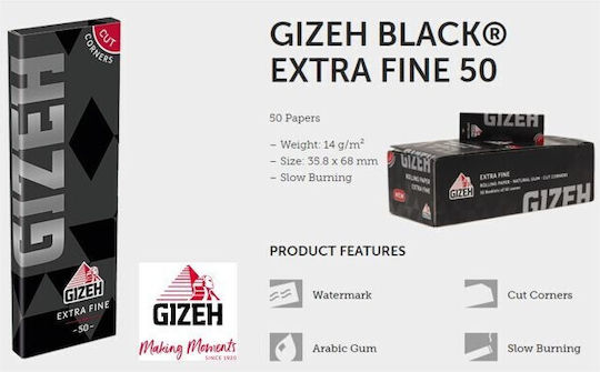 Gizeh Extra Fine Cut Corners Foițe de Țigări Rulate Slim 50 foi 1buc