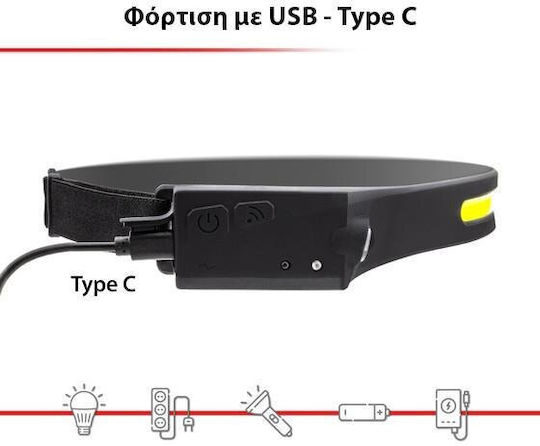 Arcas Επαναφορτιζόμενος Φακός Κεφαλής LED IPX4 με Μέγιστη Φωτεινότητα 380lm