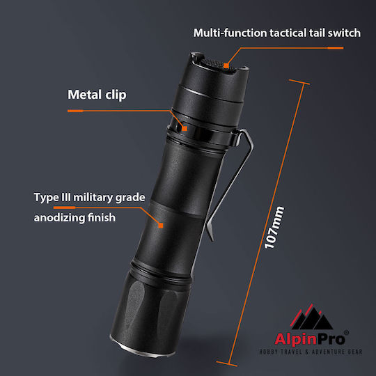 AlpinPro Επαναφορτιζόμενος Φακός LED IPX8 με Μέγιστη Φωτεινότητα 1700lm