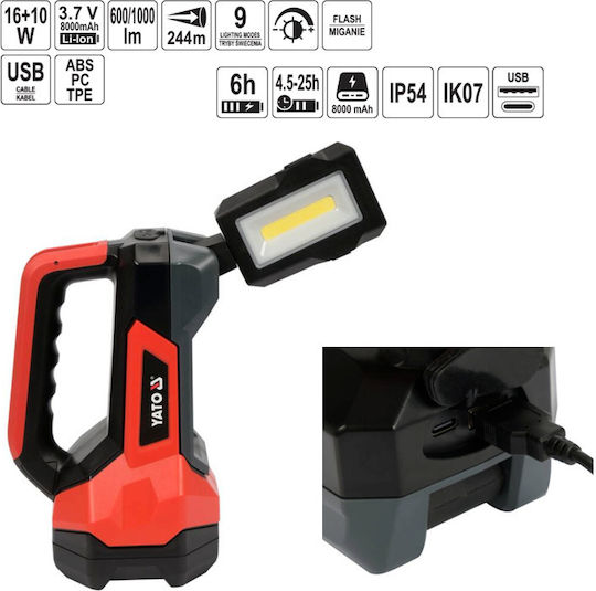 Yato Φακός LED IP54 με Μέγιστη Φωτεινότητα 1000lm