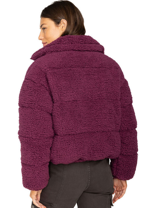 Sherpa Puffer Women's Short Puffer Jacket for Winter with Hood Blackberry