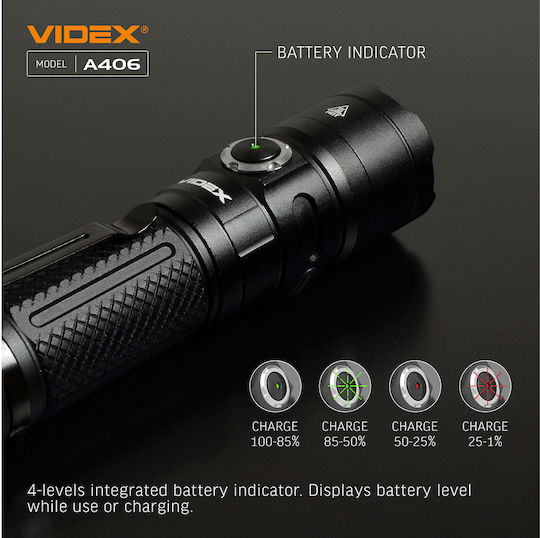 Videx Επαναφορτιζόμενος Φακός LED IP68 με Μέγιστη Φωτεινότητα 4000lm