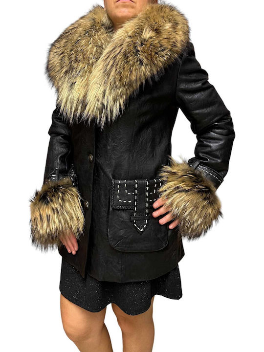 Leather Women's Black Coat with Fur Details