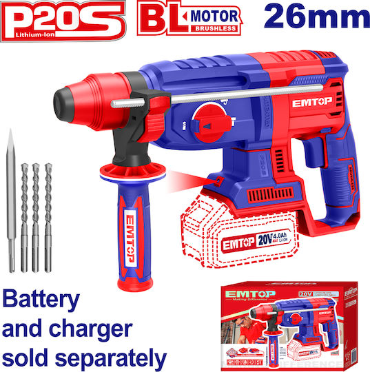 Emtop Impact Demolition Hammer Battery 20V Solo with Chuck SDS Plus ELRH20228