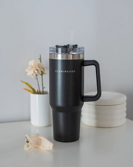 Flamingueo Handled Tumbler Θερμός Ανοξείδωτο 1.18lt Μαύρο με Καλαμάκι και Λαβή