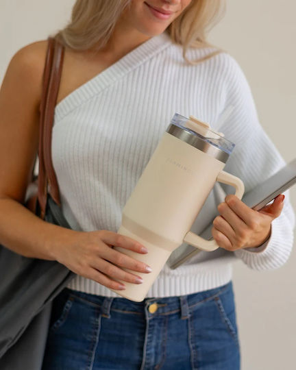 Flamingueo Handled Tumbler Θερμός Ανοξείδωτο 1.18lt Μπεζ με Καλαμάκι και Λαβή