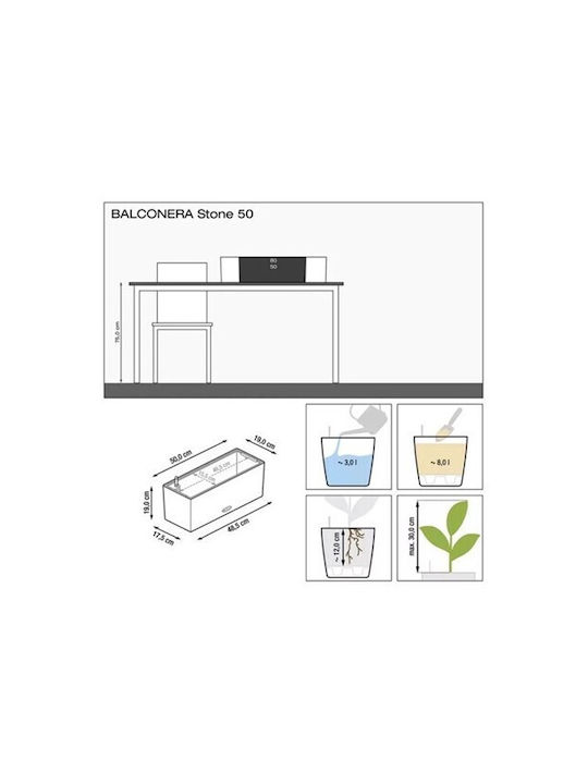 Lechuza Balconera Stone Graphite Black Self-watering Planter Box Plastic Black 79x19x19cm.