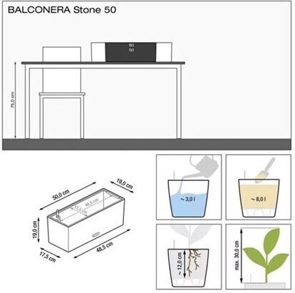 Lechuza Balconera Stone Graphite Black Self-watering Planter Box Plastic Black 79x19x19cm.