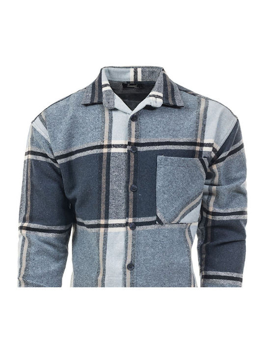 Long Sleeve Flannel Overshirt in Regular Fit Checked Blue