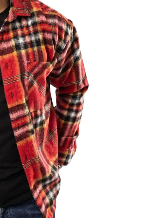 Long Sleeve Flannel Overshirt In Regular Fit Checked Red