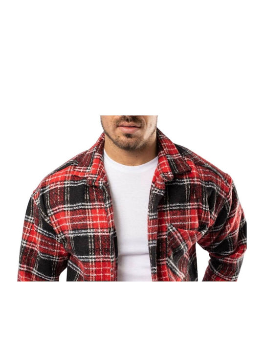 Long Sleeve Flannel Overshirt in Regular Fit Checked Pattern 7212-1-Red