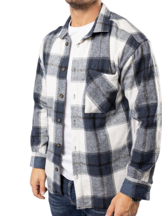 Long Sleeve Flannel Overshirt in Regular Fit Checked Blue