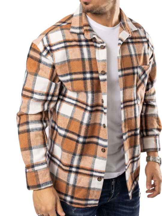 Long Sleeve Flannel Overshirt in Regular Fit Checked Taupe