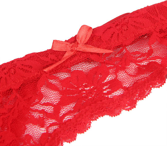 Rote Spitze Metallknopf String Panties Strumpfband