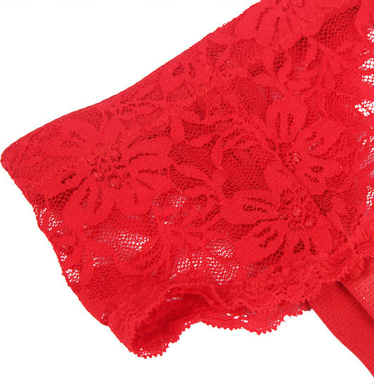 Rote Spitze Metallknopf String Panties Strumpfband