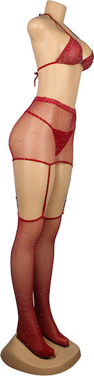 Red Sexy Diamond Fishnet Bodystocking Gloves