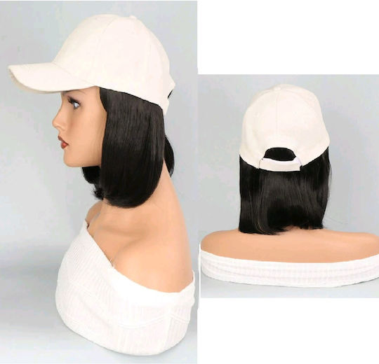 Women's Beige Hat with Integrated Black Hair Extensions